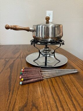 Stainless Steel Fondue Pot with Wooden Handle and Dipping Forks
